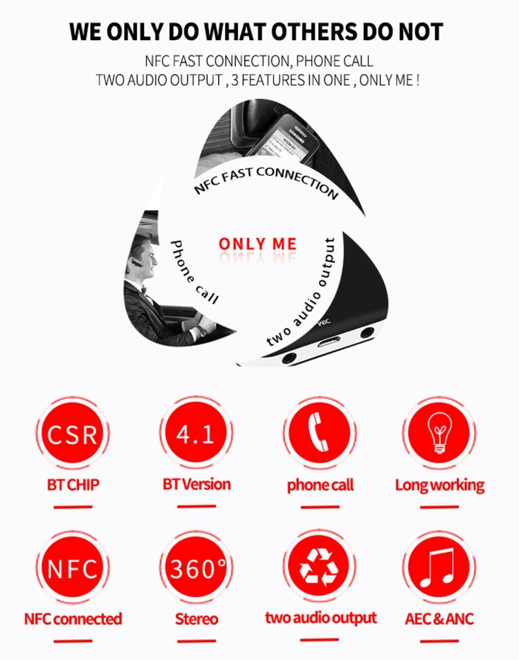 B7 CSR8635 Bluetooth V4.1 Music Audio Receiver, Support AUX / NFC / Hands-free, For iPhone, Samsung, HTC, Sony, Google, Huawei, Xiaomi and other Smartphones(Black)