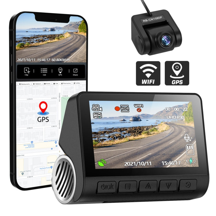 V55 Dual-lens 2K+1080P Car Dash Camera Driving Recorder, Car Charger Version with WiFi&GPS
