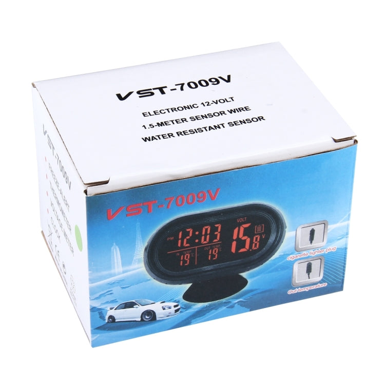 VST-7009V 4 In 1 Digital Car Thermometer Voltage Meter Luminous Clock Tester Detector LCD Monitor Back light(Green Light)