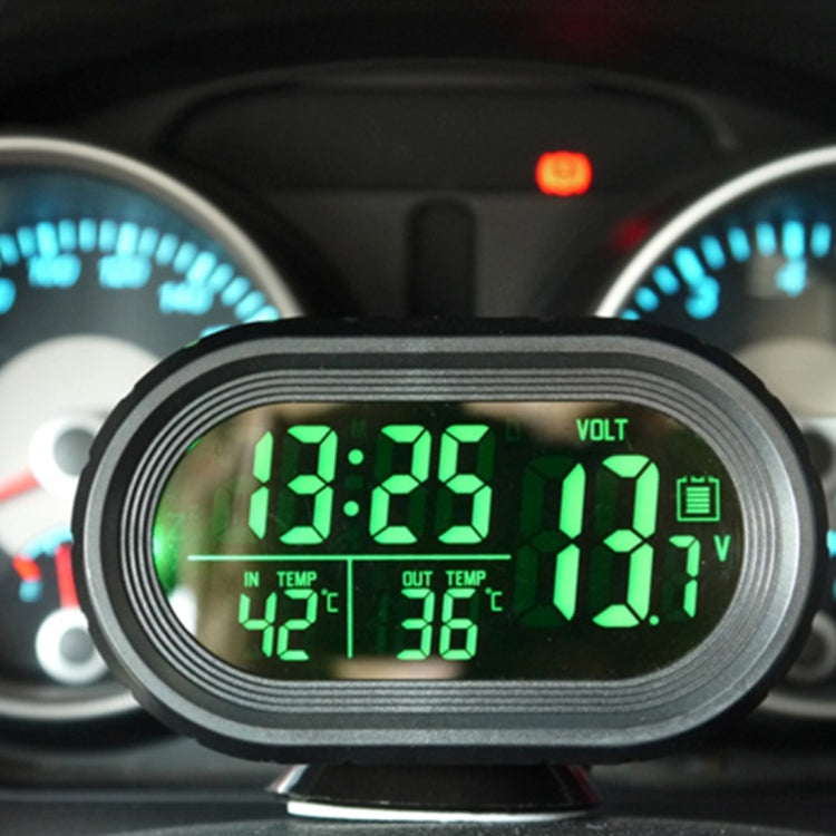 VST-7009V 4 In 1 Digital Car Thermometer Voltage Meter Luminous Clock Tester Detector LCD Monitor Back light(Green Light)