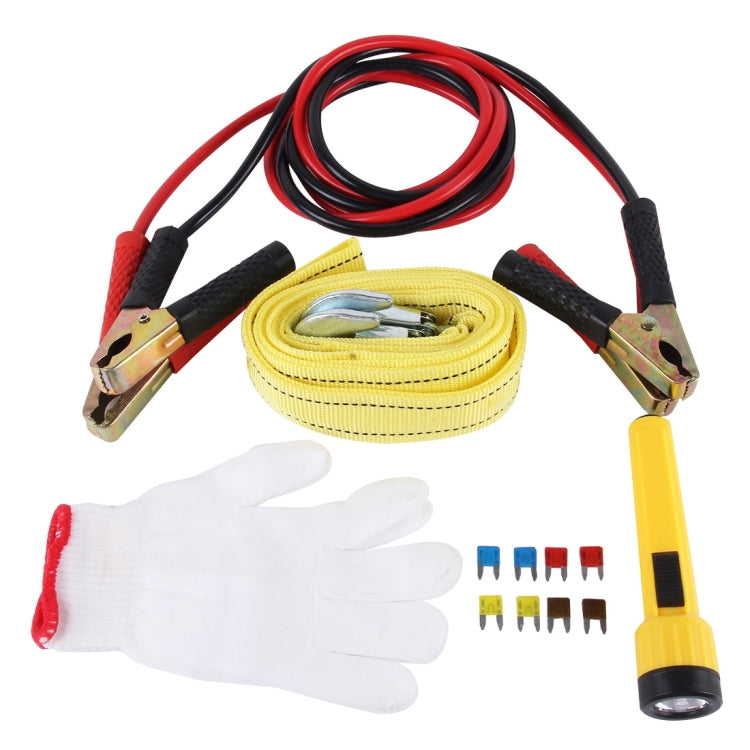 ZY-121 5 in 1 3m×4cm 2 Ton Towing Belt Rope 200AMP Booster Cable Torch Glove Protective Tube Car Road Emergency Kit