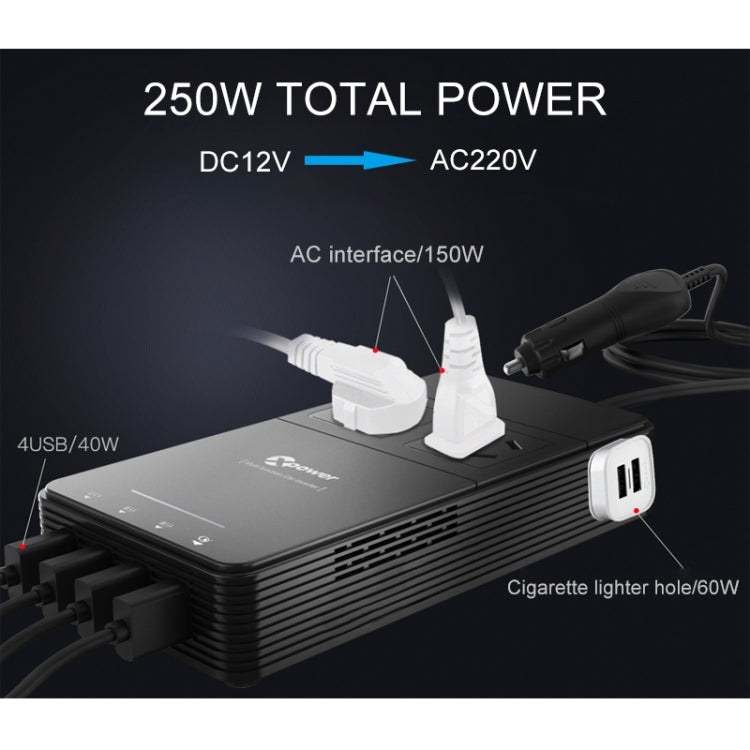 XPower T1 250W DC 12V to AC 220V Car Multi-functional Power Inverter 4 USB Ports 8.0A Charger Adapter + Negative Ions Air Cleaner
