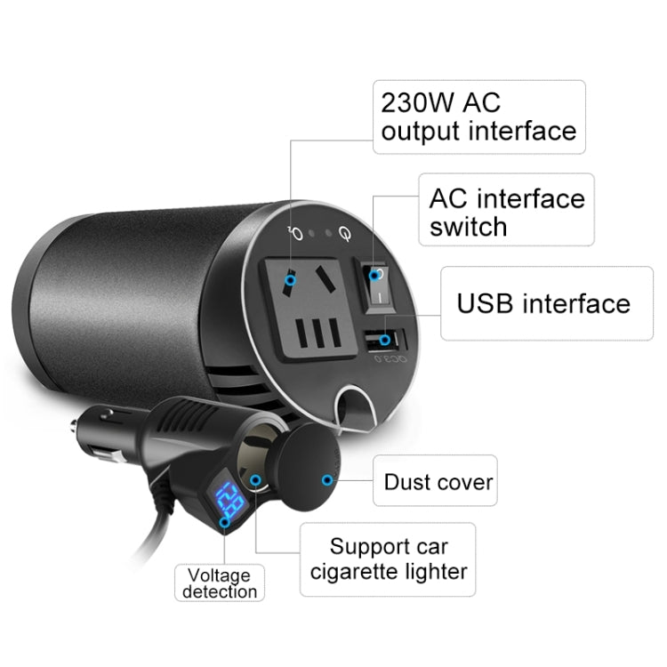 XPower T300 Plus DC 12V to AC 220V Car Multi-functional Power Inverter 2.4A USB Charger Adapter + Negative Ions Air Cleaner, with Battery Voltage Detection Function