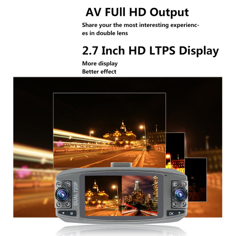 F80 2.7 inch LCD Screen Car Recorder, Dual 120 Degree Wide Angle Viewing, Support Night Vision / Loop Video / Motion Detection / G-Sensor / TF Card