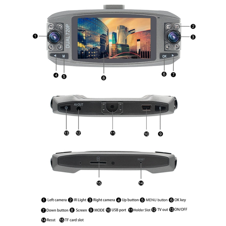 F80 2.7 inch LCD Screen Car Recorder, Dual 120 Degree Wide Angle Viewing, Support Night Vision / Loop Video / Motion Detection / G-Sensor / TF Card