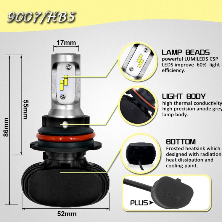 2 PCS 9007 IP65 Waterproof White Light 12 CSP LED Car Headlight Bulb,  9-36V / 18W, 6000K / 2000LM