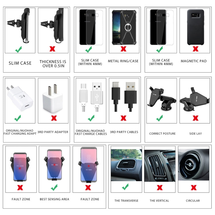 N5 9V 1.1A Output 360 Degree Rotation Head Shape Sticky Bracket Vertical Car Air Outlet Vent Fast Wireless Charger, For iPhone, Galaxy, Sony, Lenovo, HTC, Huawei, and other Smartphones(Black)