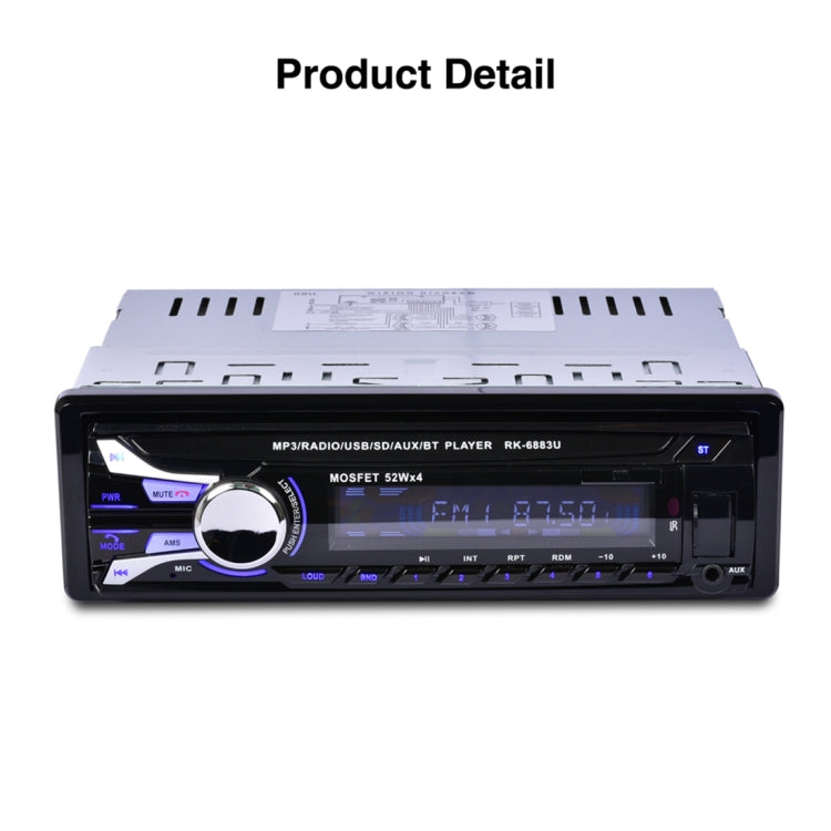 RK-6883U Single Din Car Audio FM Radio Stereo Receiver Bluetooth MP3 Player, Support USB / SD Card / AUX, with Detachable Panel
