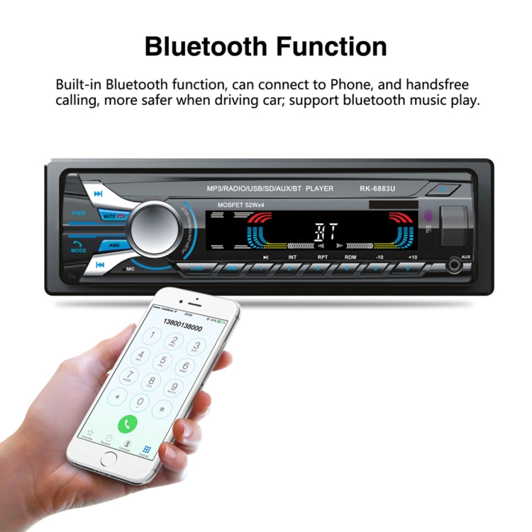 RK-6883U Single Din Car Audio FM Radio Stereo Receiver Bluetooth MP3 Player, Support USB / SD Card / AUX, with Detachable Panel