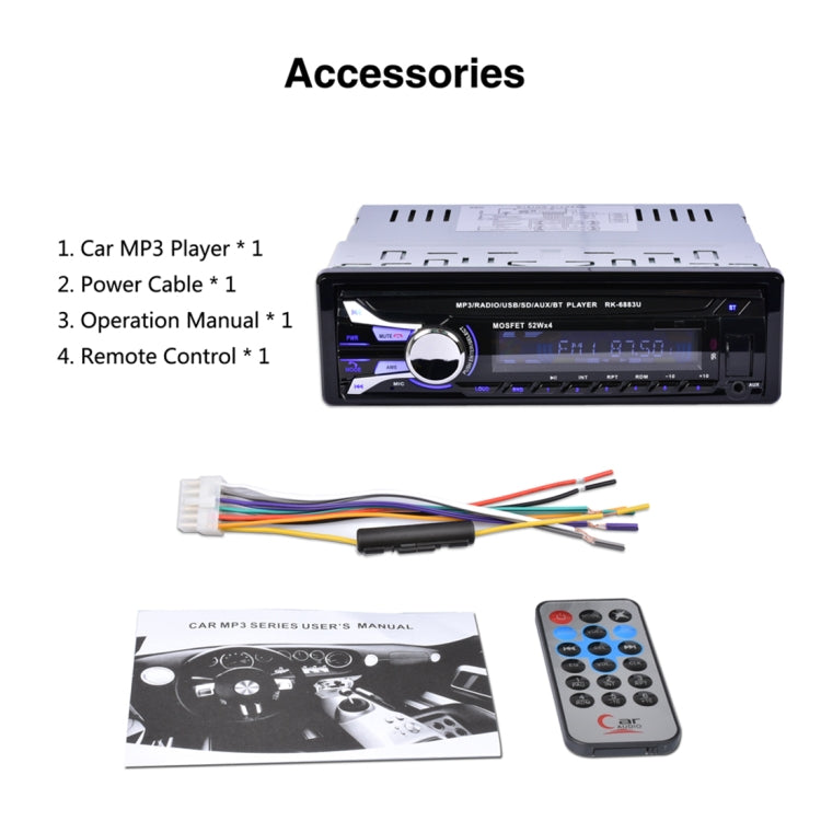 RK-6883U Single Din Car Audio FM Radio Stereo Receiver Bluetooth MP3 Player, Support USB / SD Card / AUX, with Detachable Panel