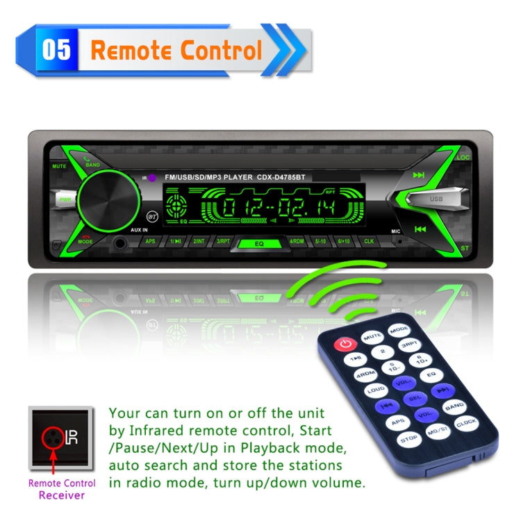 D4785 Car Audio FM Radio Stereo Receiver Bluetooth Call Music MP3 Player, Support USB / SD Card / AUX, with 7 Colors Light