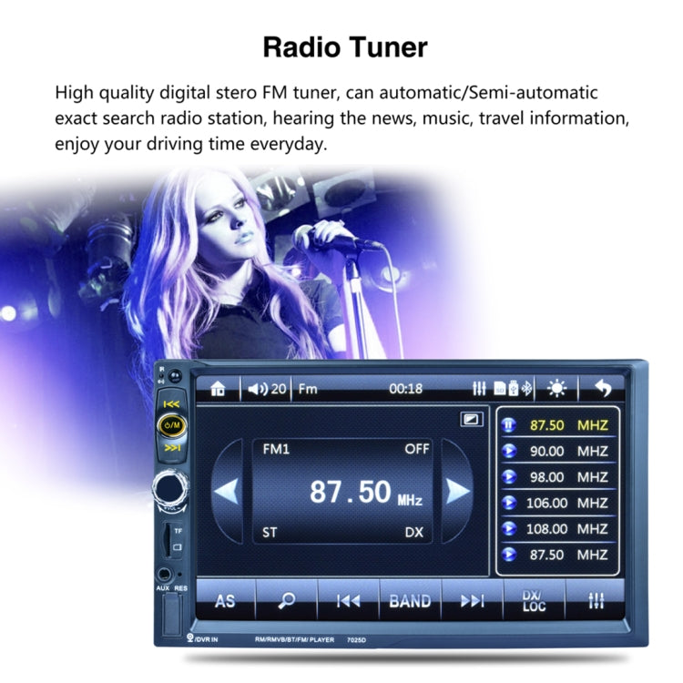 7025D 7 inch HD Touchscreen Double Din Stereo Car Receiver MP5 Player, with Bluetooth/FM/USB/TF, Support Rear View