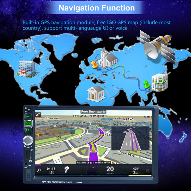 7026GM 7 inch 1080P HD Touchscreen Double Din Stereo Car Receiver MP5 Player, with Bluetooth / USB / TF / GPS, Support Rear View