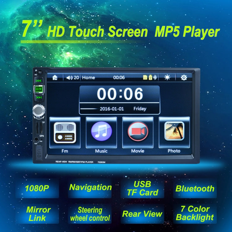 7026GM 7 inch 1080P HD Touchscreen Double Din Stereo Car Receiver MP5 Player, with Bluetooth / USB / TF / GPS, Support Rear View