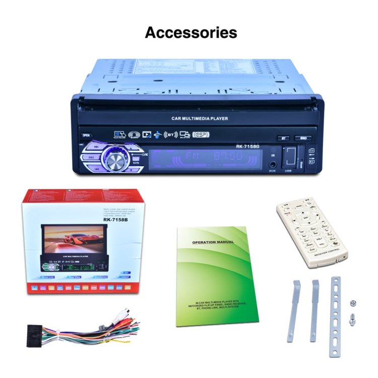 RK-7158B Single Din Auto Retractable Screen 7 inch 1080P HD Car Stereo Radio MP5 FM Player In-Dash Head Unit, with Bluetooth / AUX / Rear View