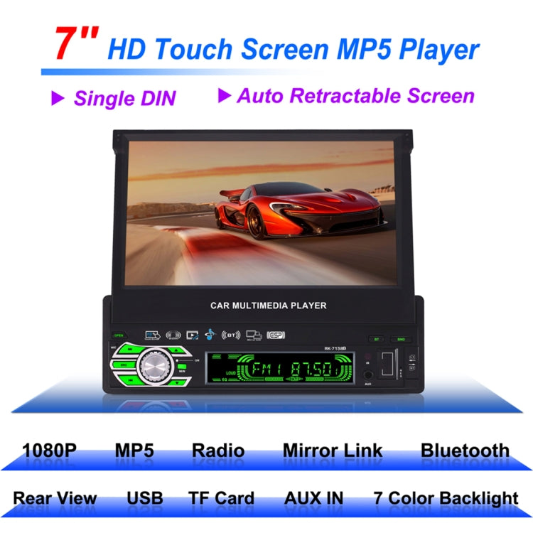 RK-7158B Single Din Auto Retractable Screen 7 inch 1080P HD Car Stereo Radio MP5 FM Player In-Dash Head Unit, with Bluetooth / AUX / Rear View