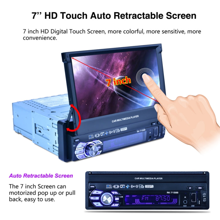 RK-7158B Single Din Auto Retractable Screen 7 inch 1080P HD Car Stereo Radio MP5 FM Player In-Dash Head Unit, with Bluetooth / AUX / Rear View