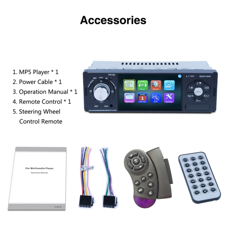 P5120 Single Din 4.1 inch HD Digital Car Stereo Radio MP5 Audio Player, Support FM / Bluetooth / USB / TF / Rear View / Steering Wheel Controls