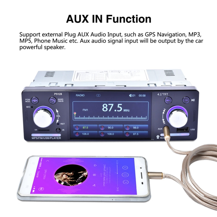 P5128 Single Din 4.1 inch HD Digital Car Stereo Radio MP5 Audio Player, Support FM / Bluetooth / USB / TF / Rear View / AUX