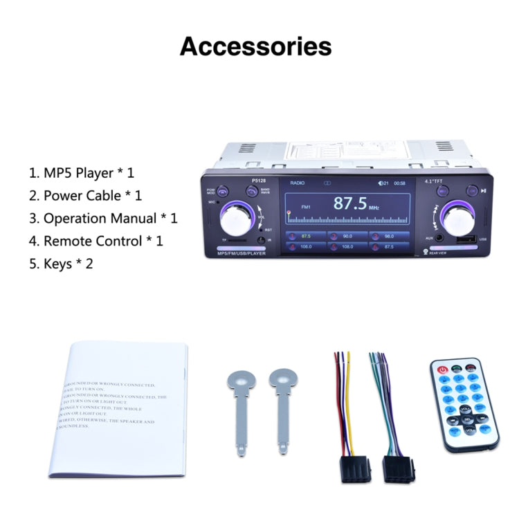 P5128 Single Din 4.1 inch HD Digital Car Stereo Radio MP5 Audio Player, Support FM / Bluetooth / USB / TF / Rear View / AUX