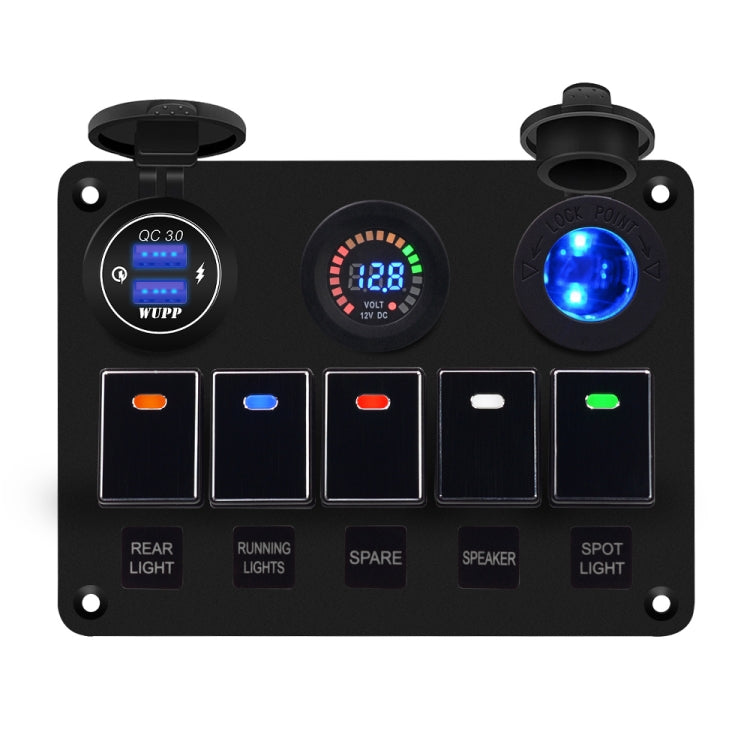 CS-847A1 Multi-function Combination Switch Panel Color Screen Voltmeter + Cigarette Lighter Socket + 5 Way Switches + Dual USB Charger for Car RV Marine Boat