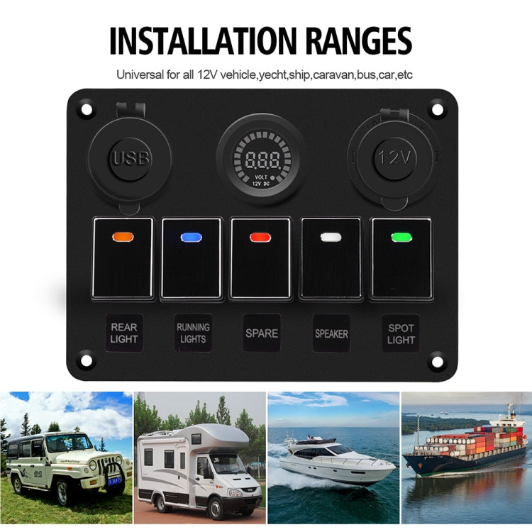 CS-847A1 Multi-function Combination Switch Panel Color Screen Voltmeter + Cigarette Lighter Socket + 5 Way Switches + Dual USB Charger for Car RV Marine Boat