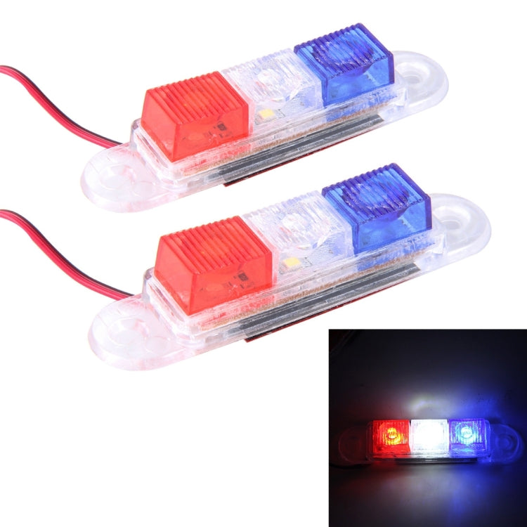 2PCS HY-116 2W 3 LED Vehicle Flashing Warning Strobe Light,DC 12V , Red Light + Blue Light + White Light, Wire Length: 25cm