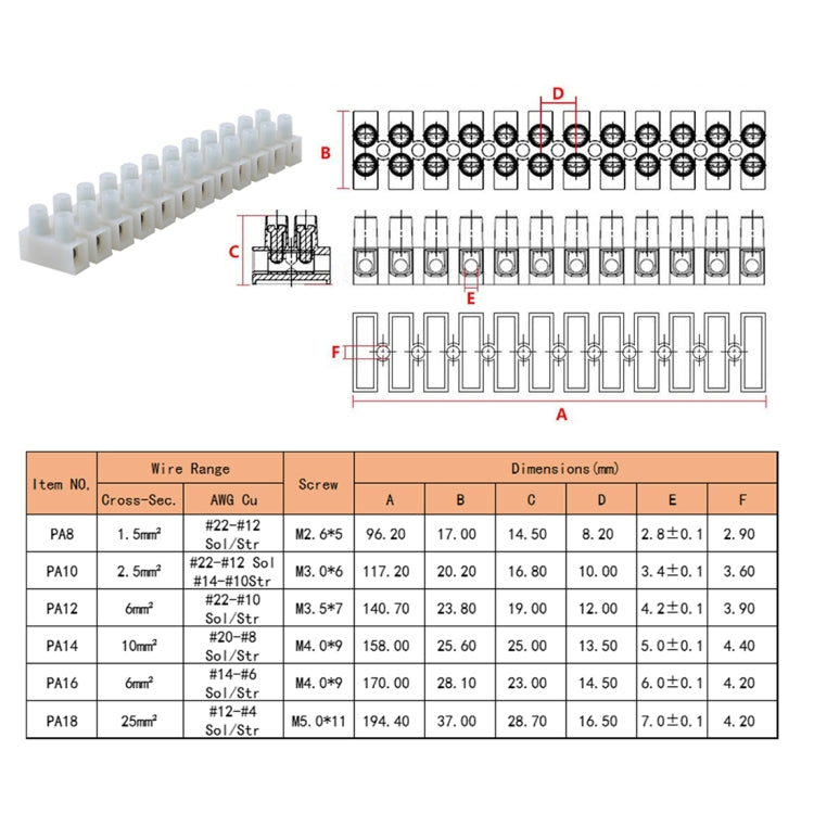 25 PCS 300V 20A PA8 12 Position Barrier Screw Terminal Block Wire Dual Row Connector Strip with R Type Line Clamp
