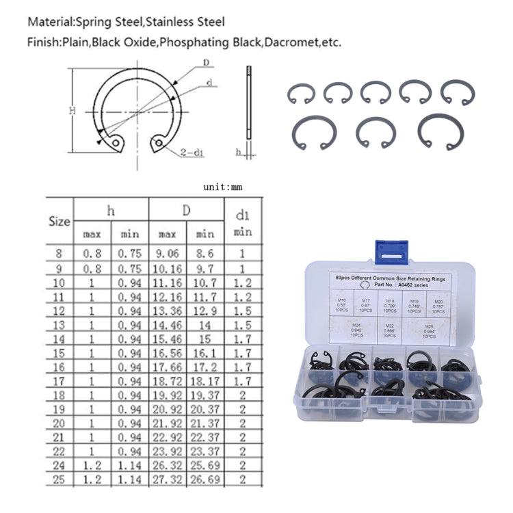 80 PCS Car C Shape Circlip Snap Ring Assortment Retaining Rings