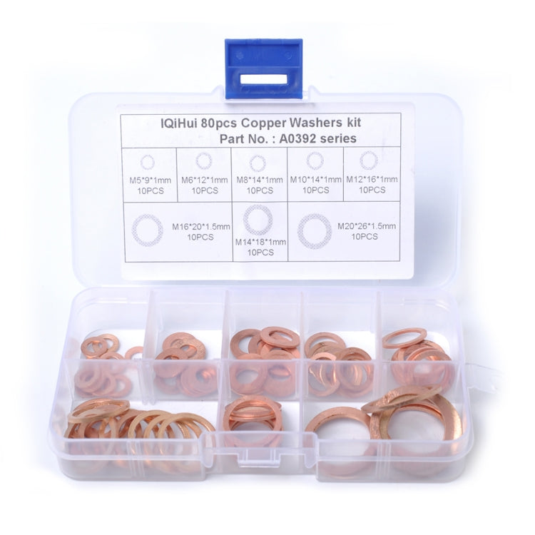 80 PCS O Shape Solid Copper Crush Washers Assorted Oil Seal Flat Ring Kit for Car / Boat / Generators