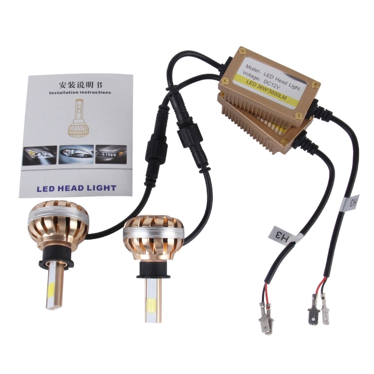 2 PCS H3 36W 3600lm 6000K Car Gold Shell LED Headlight with 2 COB Lamps, DC 12V(White Light)