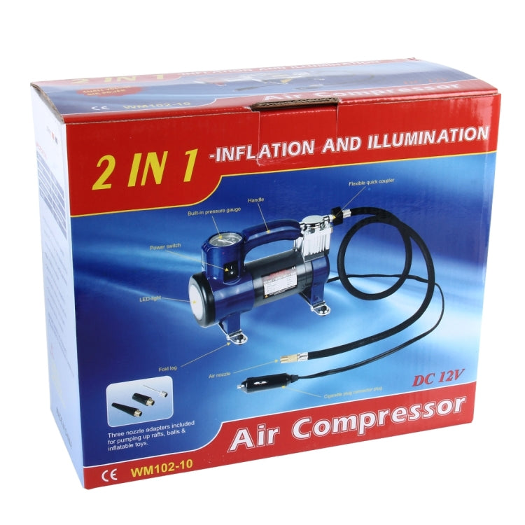 WM102-10 12V Air Pump with Gauge, Portable Metal Cylinder Tire Inflator Compressor with 5 Illumination LED Lamps for Cars Vans Air Mattress Balls 100 PSI 35L/min