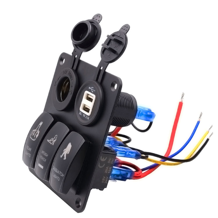5Pin Multi-function Combination Switch Panel Cigarette Lighter Socket + Double Lights 3 Way Switches + Dual USB Charger for Car RV Marine Boat