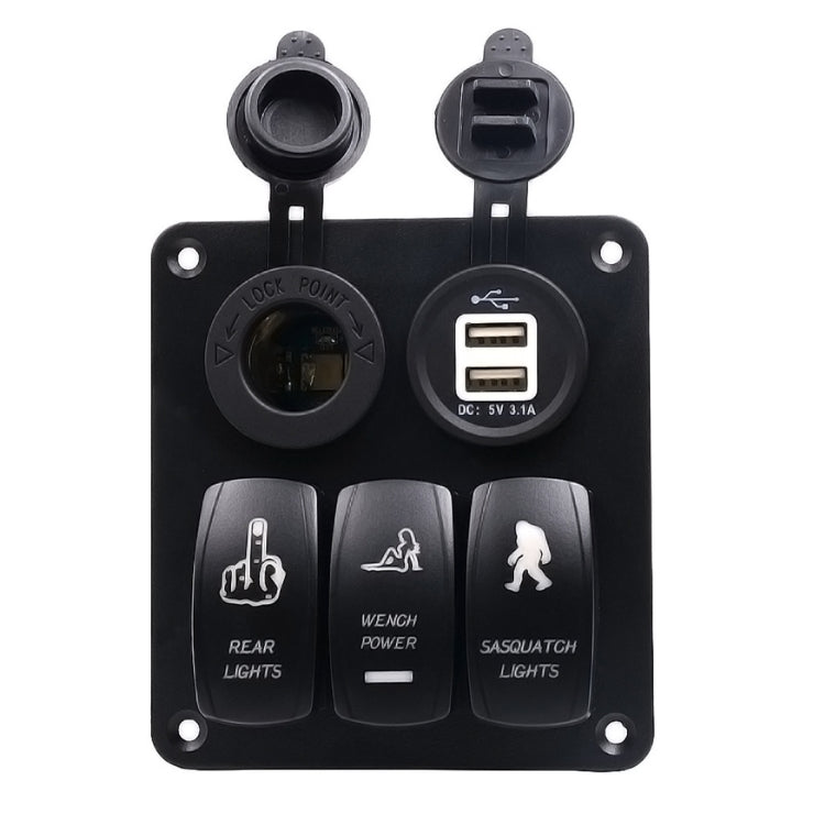 5Pin Multi-function Combination Switch Panel Cigarette Lighter Socket + Double Lights 3 Way Switches + Dual USB Charger for Car RV Marine Boat
