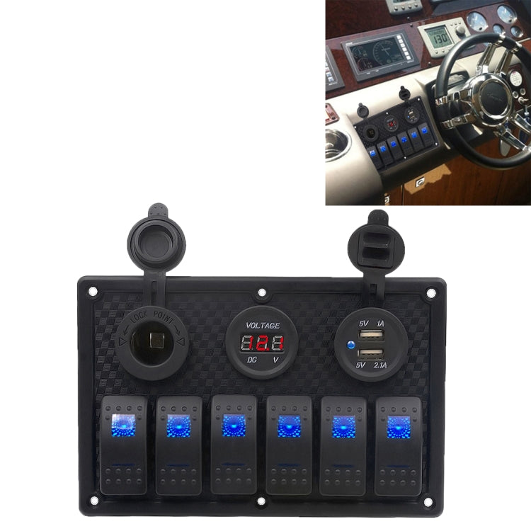 5Pin Multi-function Combination Switch Panel Voltmeter + Cigarette Lighter Socket + Double Lights 6 Way Switches + Dual USB Charger for Car RV Marine Boat