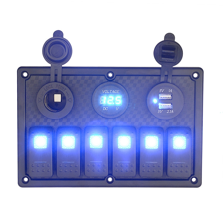 5Pin Multi-function Combination Switch Panel Voltmeter + Cigarette Lighter Socket + Double Lights 6 Way Switches + Dual USB Charger for Car RV Marine Boat