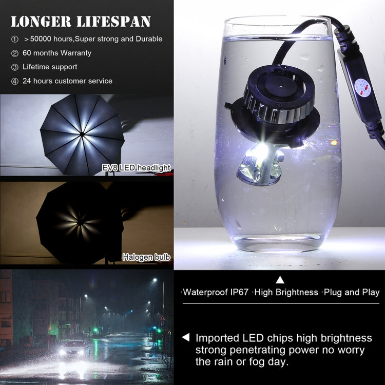 2 PCS EV8 H4 / HB2 / 9003 DC 9-32V 36W 3000LM 6000K IP67 DOB LED Car Headlight Lamps, with Mini LED Driver and Cable (White Light)