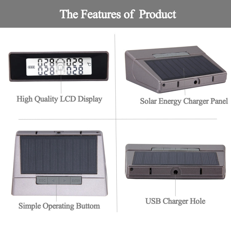 TPMS Car Auto Universal Tire Pressure Temperature Monitoring System USB Solar Power Monitor Wireless LCD Display 4 External Sensor Tire Pressure