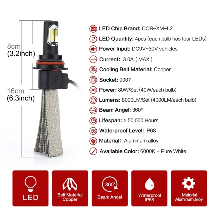 2 PCS S7 9007 40W 3200 LM 6000K IP68 Car Headlight with 2 COB Lamps and Heat Dissipation Cable, DC 9-30V(White Light)