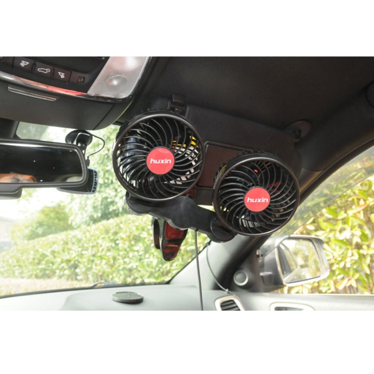 HUXIN HX-T606 12W 360 Degree Adjustable Rotation Clip Two Head Low Noise Mini Electric Car Fan with Gear Switch, DC24V