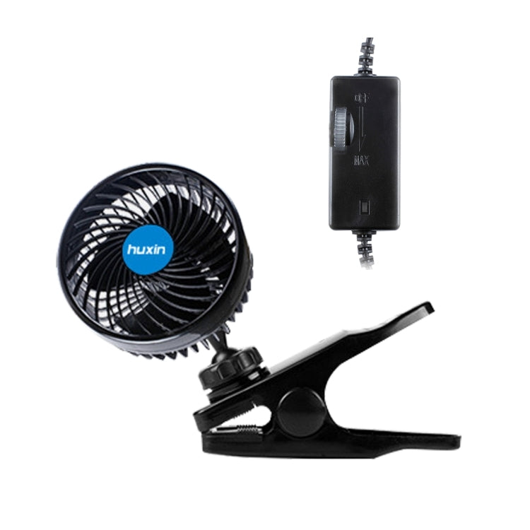 HUXIN HX-T601E 4W 4.5inch 360 Degree Adjustable Rotation Clip One Head Low Noise Mini Electric Car Fan with Roller Switch, DC12V