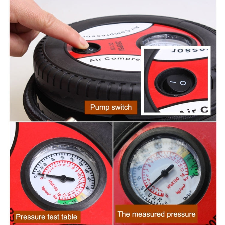 12V 10A Tire Shape Air Pump with Gauge and Three Nozzle Adapters Tire Inflator Compressor for Cars Vans Air Mattress Balls 250 PSI 25L/min