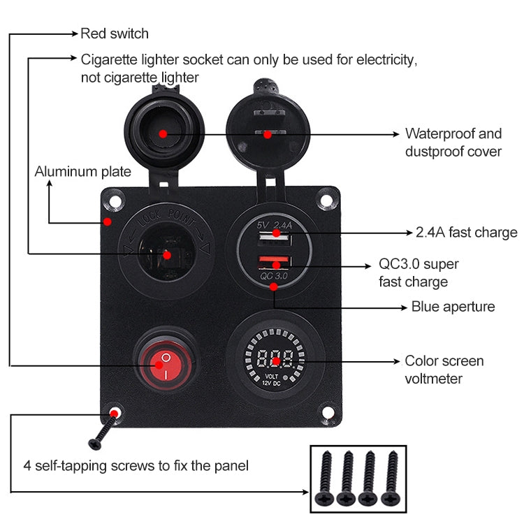 ZH-509A1 Multi-function Combination Switch Panel Color Screen Voltmeter + Cigarette Lighter Socket + Dual USB Charger for Car RV Marine Boat