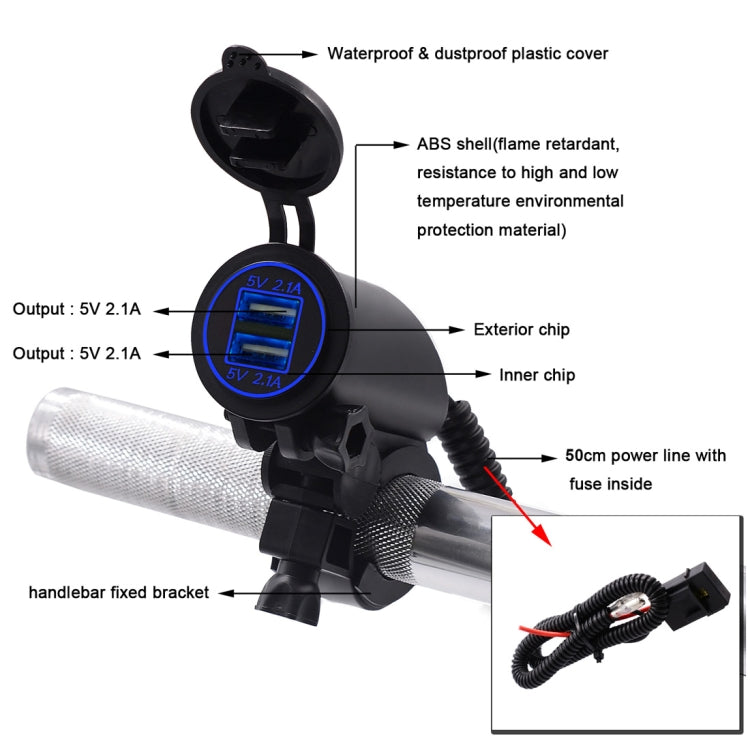 Motorcycle Faucet Dual USB Charger DC12-24V 4.2A IP66 with Aperture