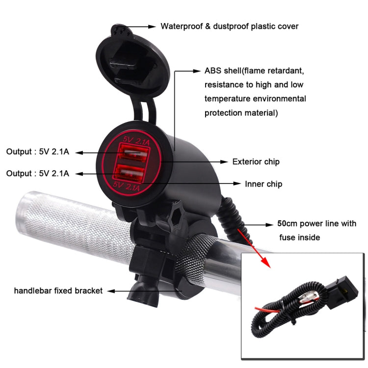 Motorcycle Faucet Dual USB Charger DC12-24V 4.2A IP66 with Aperture