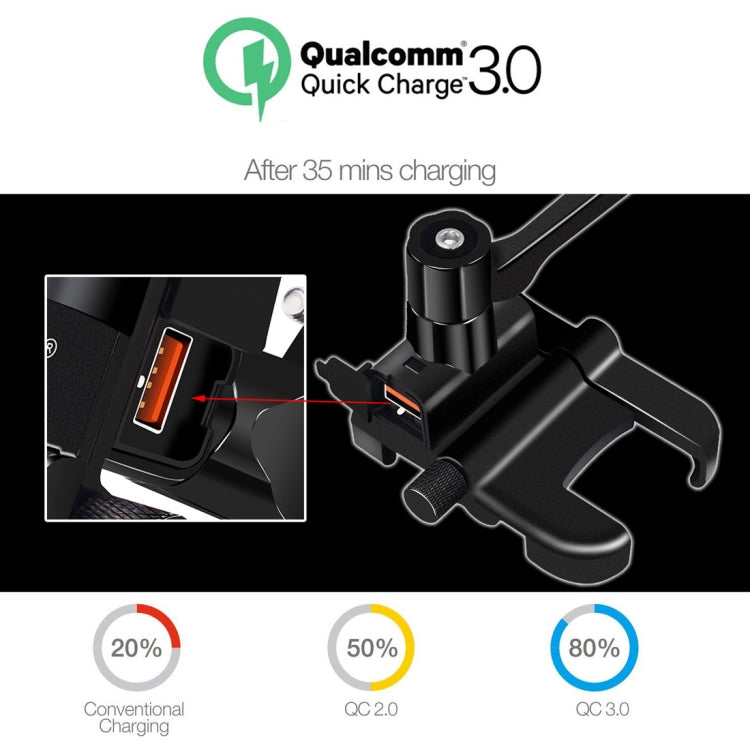 Motorcycle Waterproof QC 3.0 USB Port Fast Charger Adapter Aluminum Alloy Rearview Mirror Holder with Switch (Black)