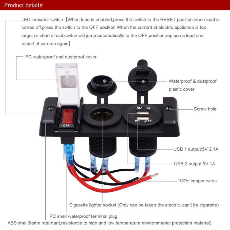 DC 12V IP66 3 Position Switch Panel Circuit Breaker with Dual USB Power Charger Adapter and Cigarette Lighter Socket