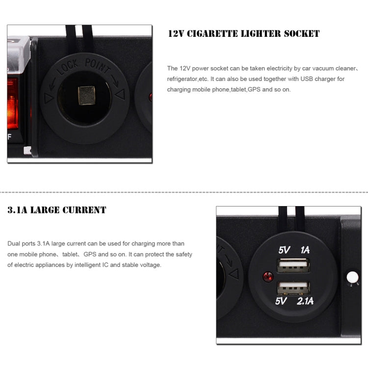 DC 12V IP66 3 Position Switch Panel Circuit Breaker with Dual USB Power Charger Adapter and Cigarette Lighter Socket