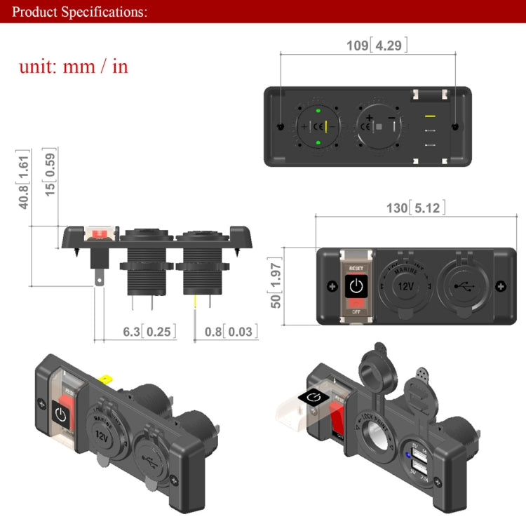 DC 12V IP66 3 Position Switch Panel Circuit Breaker with Dual USB Power Charger Adapter and Cigarette Lighter Socket