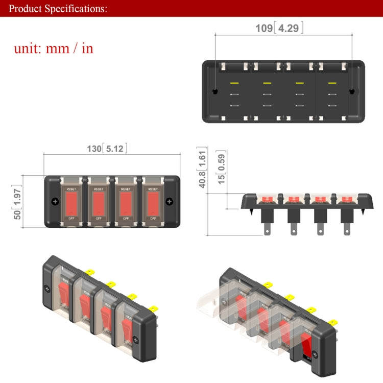 DC 12V 4 Way 16A IP66 Circuit Breakers Button Toggle Switch Panel with LED Indicator for Car RV Marine Boat